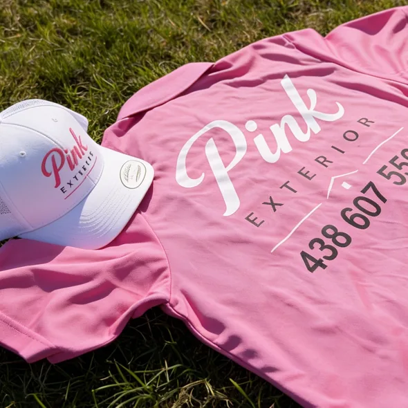 Un chandail rose Pink Exterior et une casquette blanche sont posés dans l'herbe.