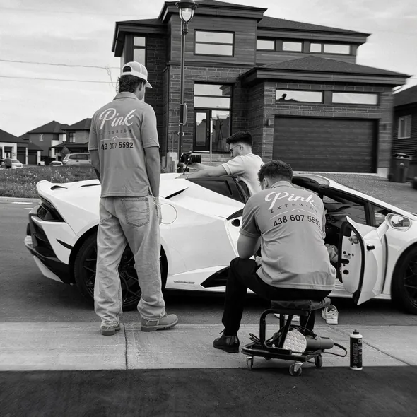 Deux membres de l'équipe font l'esthétique d'une voiture sport blanche dans une entrée.