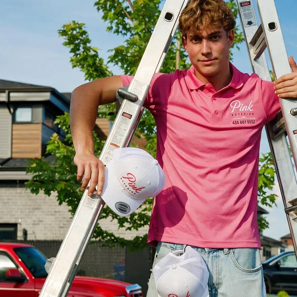 Un technicien tient une casquette Pink Exterior près d'une échelle et du camion de travail.